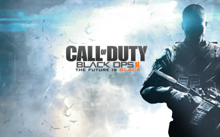 HD desktop wallpaper featuring artwork from Call of Duty: Black Ops II, showcasing a silhouetted soldier against a dramatic backdrop, with the tagline The Future is Black.