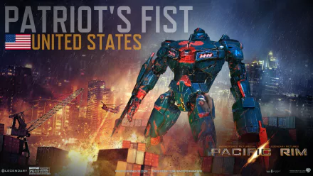 A vibrant HD desktop wallpaper featuring the mech Patriot's Fist from the movie Pacific Rim, set against a dramatic urban backdrop with explosions and a towering city skyline.