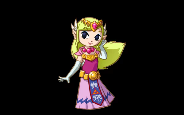 Chibi Princess Zelda from The Legend of Zelda: Spirit Tracks in a pink gown and crown on a black background — 4K Ultra HD PC desktop wallpaper.