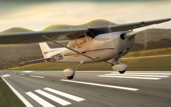 HD PC desktop wallpaper of a Cessna aircraft taking off from a runway with mountains in the background.