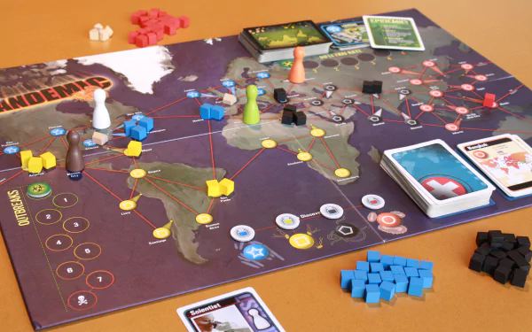 HD desktop wallpaper featuring the board game Pandemic with pieces and cards spread out, symbolizing global crisis management.
