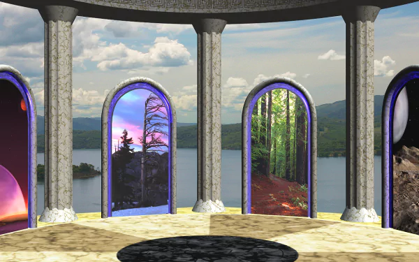 Artistic fantasy HD desktop wallpaper featuring a circular stone structure with multiple doors, each revealing different natural landscapes beyond.