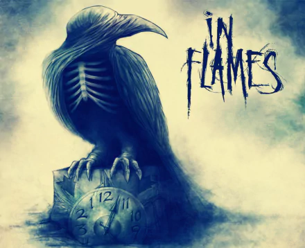 HD PC desktop wallpaper featuring a dark, skeletal raven perched on a clock, with the band name In Flames in a grunge-style font.