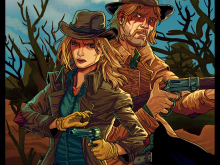 2K Quad HD PC wallpaper — Daddy's Little Girl (Comics): comic Western scene of a woman and an older man back-to-back aiming pistols.