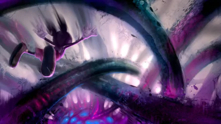 Epic Mickey HD PC wallpaper — silhouetted Mickey falling through glowing purple-blue tentacles and twisted structures, bathed in dramatic light and deep atmospheric shadows.