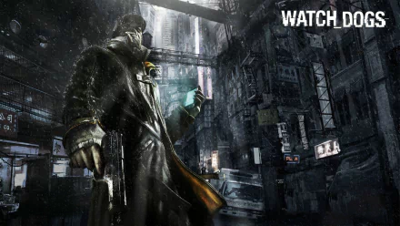 Aiden Pearce stands in a rain-soaked urban environment, holding a device, in this HD wallpaper for the video game Watch Dogs, showcasing its gritty and atmospheric aesthetic.