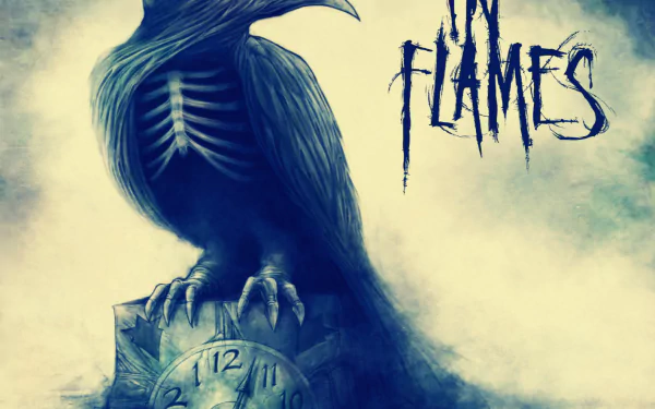 HD PC desktop wallpaper featuring a dark, skeletal raven perched on a clock, with the band name In Flames in a grunge-style font.