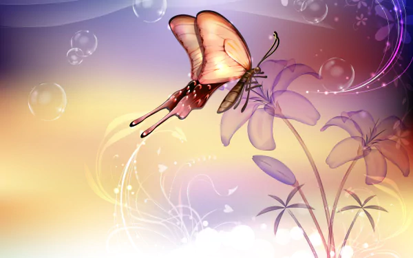 A vibrant HD wallpaper featuring a butterfly in flight, surrounded by delicate flowers and ethereal swirls, creating a dreamy and serene atmosphere.