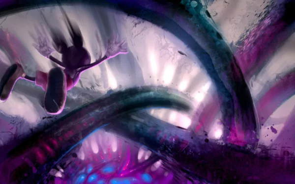 Epic Mickey HD PC wallpaper — silhouetted Mickey falling through glowing purple-blue tentacles and twisted structures, bathed in dramatic light and deep atmospheric shadows.