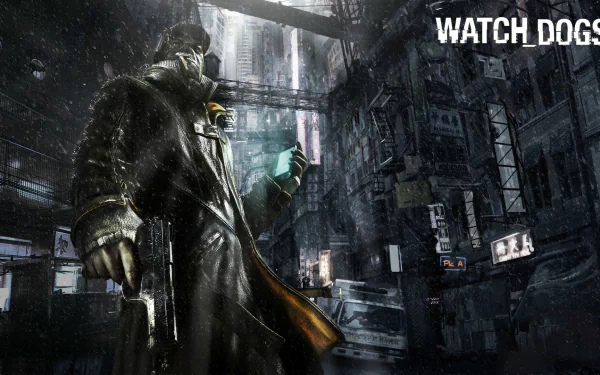 Aiden Pearce stands in a rain-soaked urban environment, holding a device, in this HD wallpaper for the video game Watch Dogs, showcasing its gritty and atmospheric aesthetic.