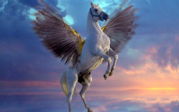 A majestic white pegasus with magnificent wings stands proudly against a stunning sunset, capturing the essence of fantasy. This HD image serves as an inspiring desktop wallpaper.