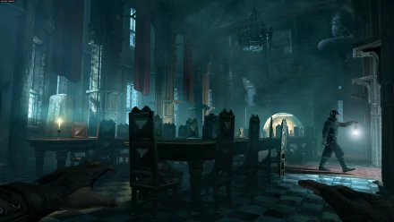 HD PC desktop wallpaper of Thief (video game): a dim cathedral hall with a long dining table, the player's gloved hand in foreground and a guard with a lantern patrolling.