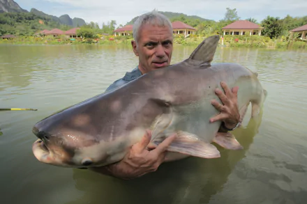 Man holding a large fish in water, featured in the TV show River Monsters, captured in a 4K Ultra HD desktop wallpaper and background.