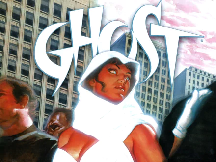 2K Quad HD PC desktop wallpaper: Ghost (Dark Horse Comics) — white-hooded heroine stands amid city skyscrapers, stoic gaze as blurred crowds pass.