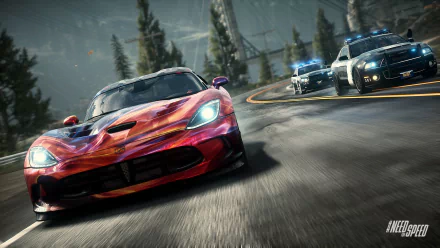 A vibrant scene from Need For Speed: Rivals featuring a striking red sports car speeding around a curve, pursued by police vehicles amidst a dynamic, forested backdrop.