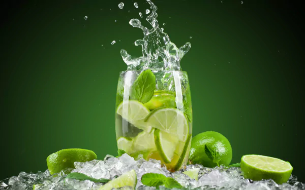 HD desktop wallpaper featuring a refreshing lime cocktail with ice cubes splashing against a vibrant green background.