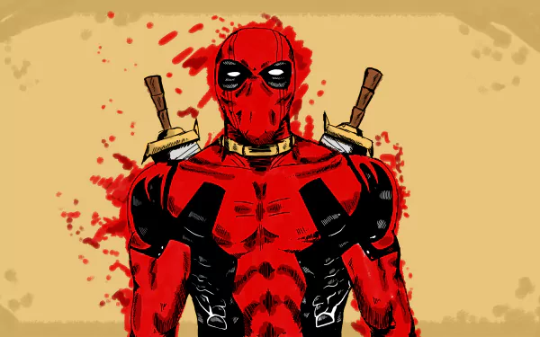 Deadpool (Merc with a Mouth) comic-style portrait: blood-splattered red suit, black chest accents, twin katanas on his back — 5K Ultra HD PC desktop wallpaper and background.
