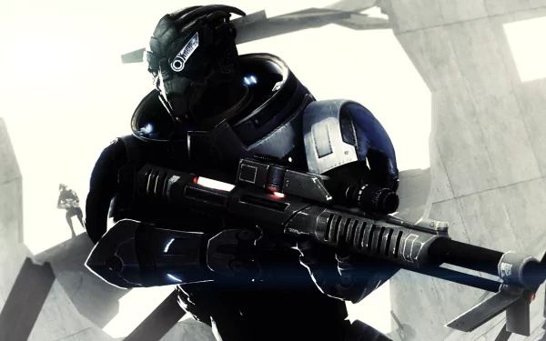 HD PC desktop wallpaper featuring Garrus Vakarian from the video game Mass Effect, showcasing the character in detailed armor holding a large weapon.