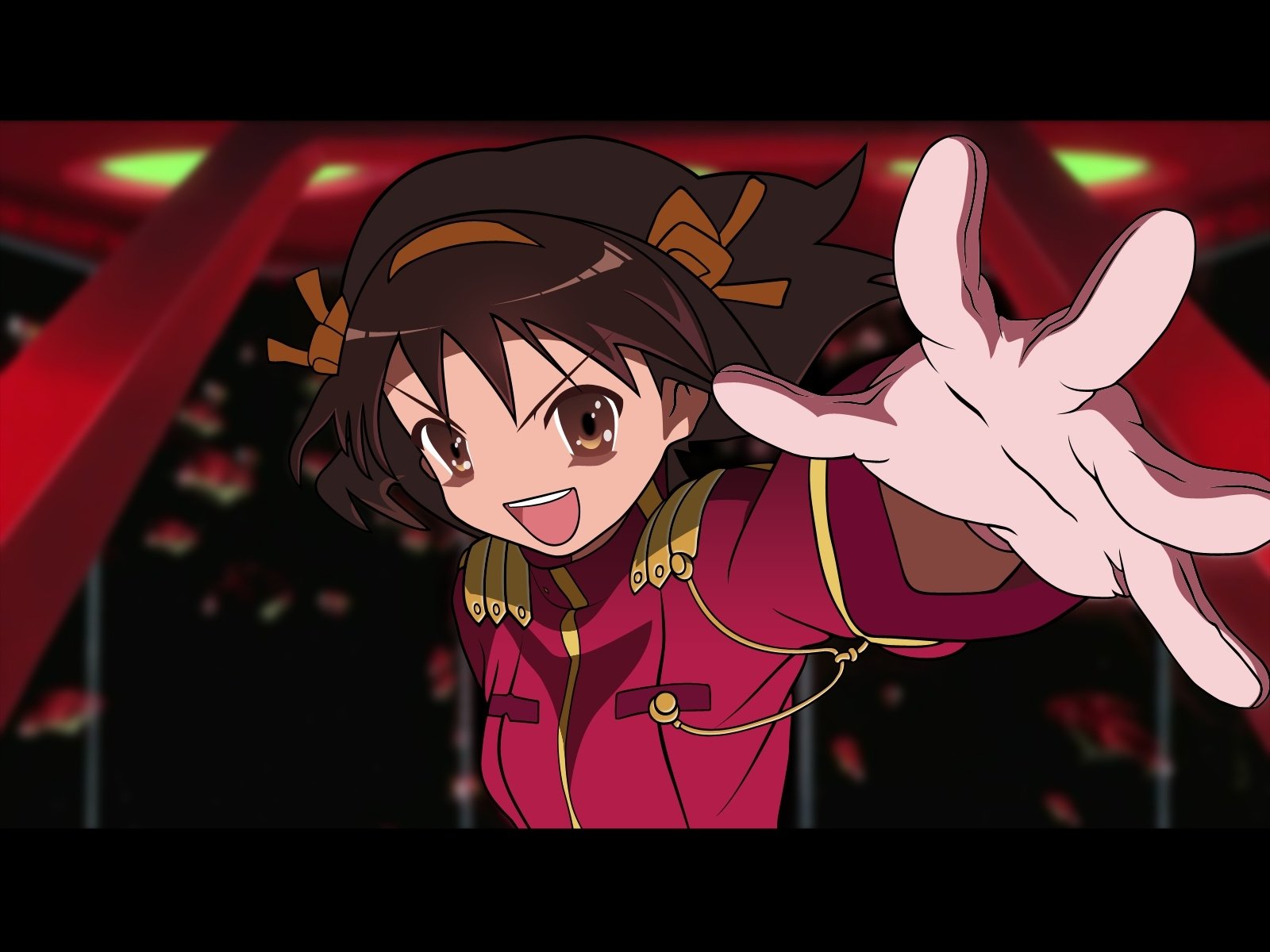 Anime HD PC desktop wallpaper: Haruhi Suzumiya from The Melancholy of Haruhi Suzumiya, smiling and reaching forward in a red uniform with hair ribbons against a dark background.