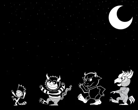 HD PC desktop wallpaper featuring stylized black-and-white characters from the movie Where the Wild Things Are under a crescent moon and starry night sky.