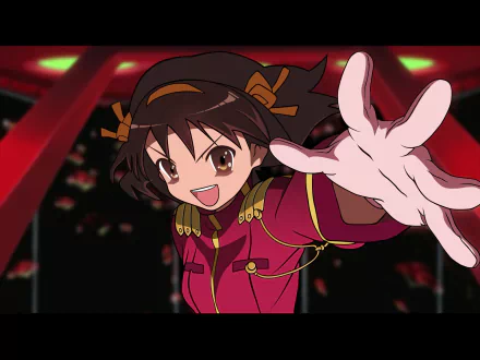 Anime HD PC desktop wallpaper: Haruhi Suzumiya from The Melancholy of Haruhi Suzumiya, smiling and reaching forward in a red uniform with hair ribbons against a dark background.