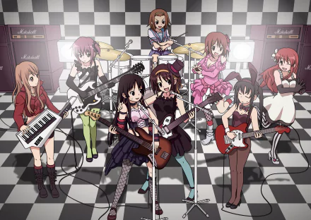 A colorful HD wallpaper featuring characters from Haruhi Suzumiya and K-ON! in a vibrant crossover scene, showcasing them performing with various instruments against a checkered background.