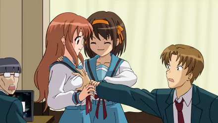 A scene from The Melancholy of Haruhi Suzumiya, featuring Mikuru Asahina and Haruhi Suzumiya in an animated setting, captures a playful interaction with fellow students.