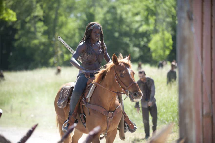 HD wallpaper featuring Michonne from The Walking Dead, portrayed by Danai Gurira, riding a horse in a vibrant, post-apocalyptic landscape with walkers in the background.