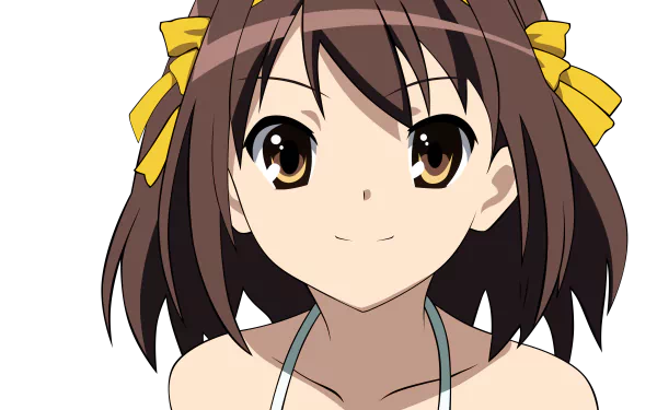 4K Ultra HD anime wallpaper featuring Haruhi Suzumiya from The Melancholy of Haruhi Suzumiya with her signature brown hair and yellow ribbons.