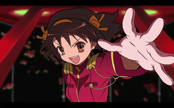 Anime HD PC desktop wallpaper: Haruhi Suzumiya from The Melancholy of Haruhi Suzumiya, smiling and reaching forward in a red uniform with hair ribbons against a dark background.