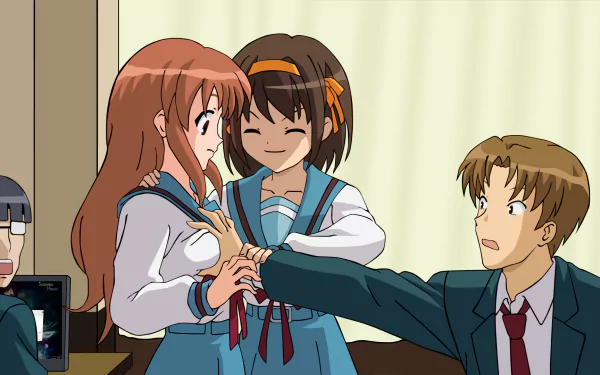 A scene from The Melancholy of Haruhi Suzumiya, featuring Mikuru Asahina and Haruhi Suzumiya in an animated setting, captures a playful interaction with fellow students.