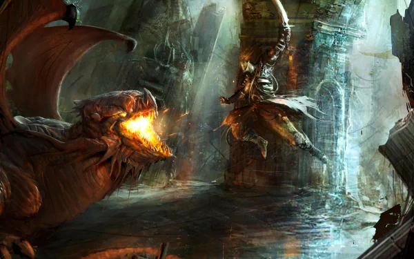 HD wallpaper featuring a fantasy warrior battling a fire-breathing dragon in a mystical, dilapidated castle setting.