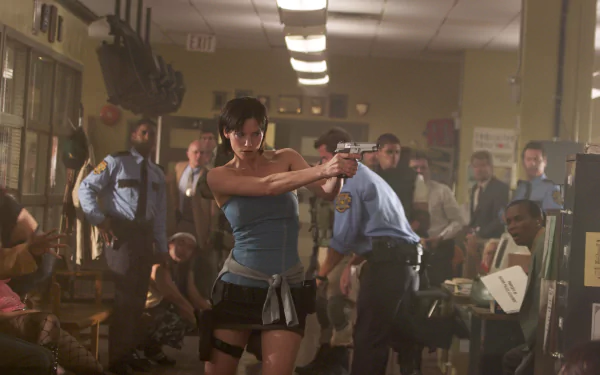 Sienna Guillory as Jill Valentine in a tense scene from Resident Evil: Apocalypse, featured in an HD PC desktop wallpaper and background.