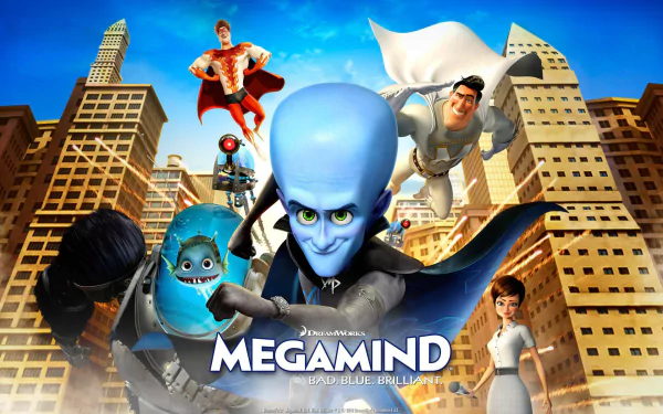 A colorful HD wallpaper featuring characters from Megamind, including Megamind himself and a Minion, set against a vibrant cityscape backdrop.