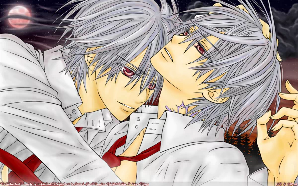 HD desktop wallpaper featuring two characters from the anime Vampire Knight, depicted in a close embrace with intense expressions under a dramatic sky.