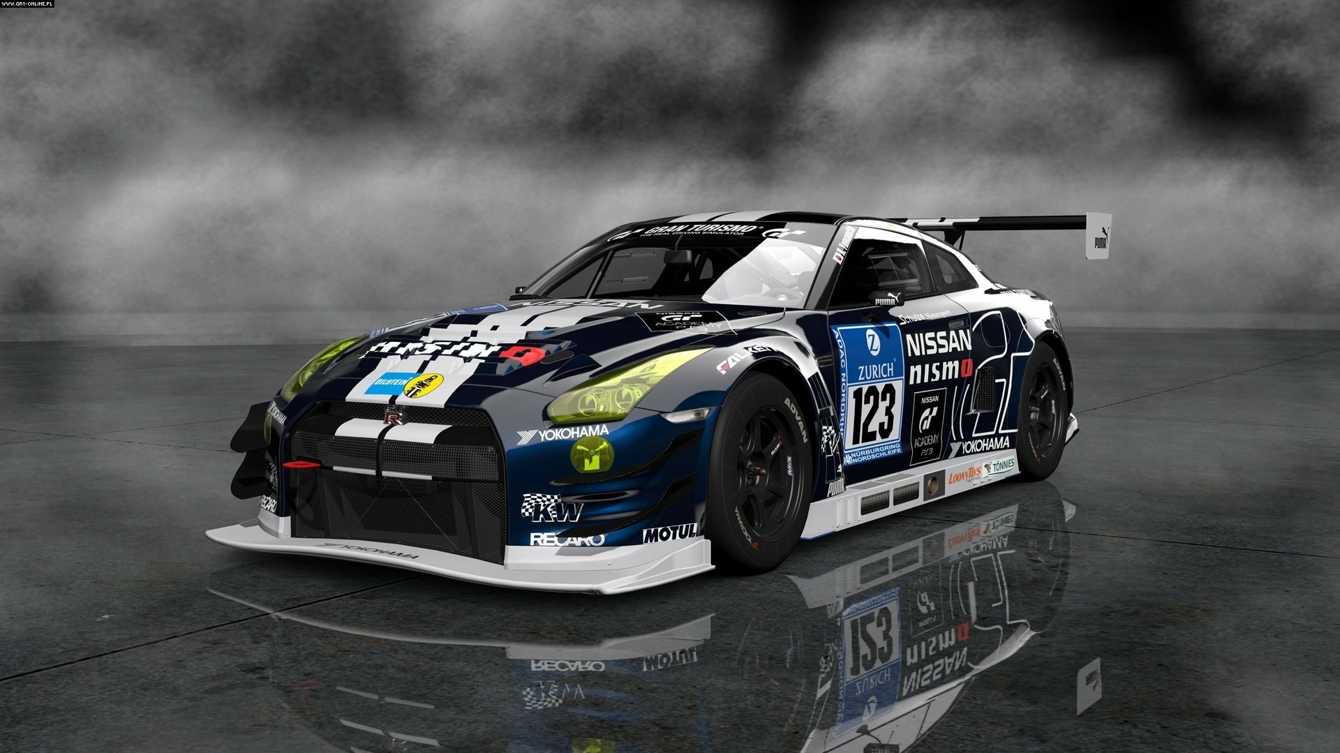 HD PC desktop wallpaper from the video game Gran Turismo 6: blue Nissan GT‑R Nismo #123 race car on a wet reflective floor with a smoky backdrop.