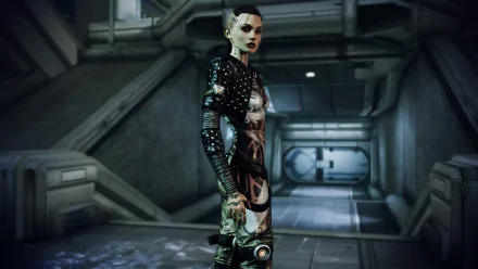 HD PC desktop wallpaper featuring Jack from the video game Mass Effect 3 standing in a futuristic corridor.