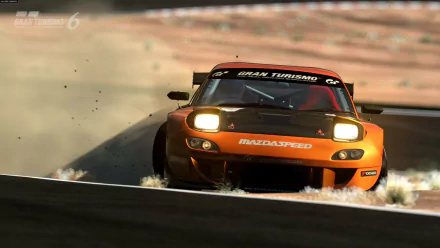 HD desktop wallpaper from the video game Gran Turismo 6 featuring an orange Mazda RX-7 speeding on a dirt track with headlights on.