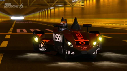 HD PC desktop wallpaper featuring a sleek Nissan race car from the video game Gran Turismo 6, captured in a dimly lit tunnel with glowing headlights.