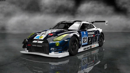 HD PC desktop wallpaper from the video game Gran Turismo 6: blue Nissan GT‑R Nismo #123 race car on a wet reflective floor with a smoky backdrop.