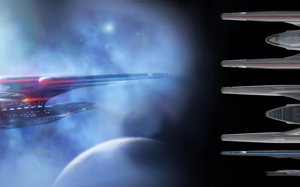 Star Trek Online video game 2K Quad HD PC desktop wallpaper and background: two starships over a blue nebula and planet, cinematic space scene.