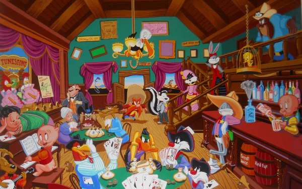 HD desktop wallpaper featuring Looney Tunes characters like Bugs Bunny, Daffy Duck, Sylvester, and Tweety in a lively saloon scene.