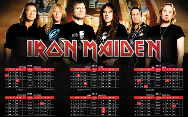 HD PC desktop wallpaper featuring the band Iron Maiden with a 2013 calendar overlay, blending music and functionality in a bold design.