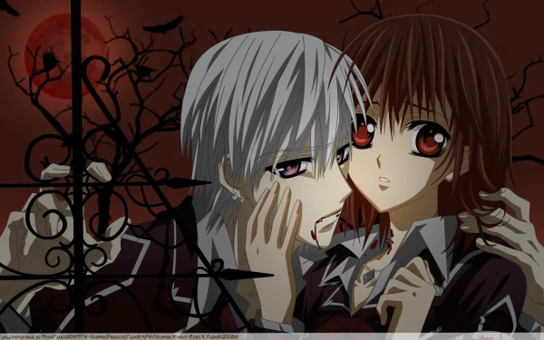 HD desktop wallpaper from Vampire Knight featuring two anime characters, a male with silver hair and red eyes and a female with brown hair, set against a dark, moonlit background with eerie branches.