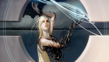 HD PC desktop wallpaper featuring a Magic: The Gathering-inspired scene with a woman entwined in dark tendrils casting glowing magical threads against a circular window backdrop.