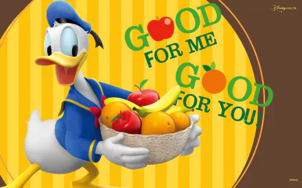 HD desktop wallpaper featuring Disney's Donald Duck holding a basket of fruit with the text Good for Me, Good for You in colorful letters.