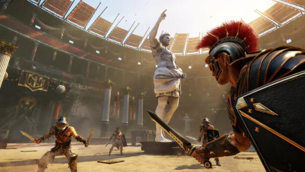 HD PC desktop wallpaper from the video game Ryse: Son of Rome, depicting gladiators battling in a sunlit Roman arena with a statue at the center.