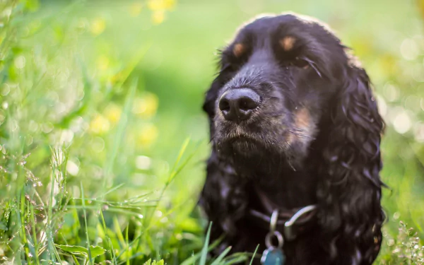 HD desktop wallpaper featuring a black cocker spaniel sitting calmly in a sunlit green meadow with soft-focus yellow flowers in the background.