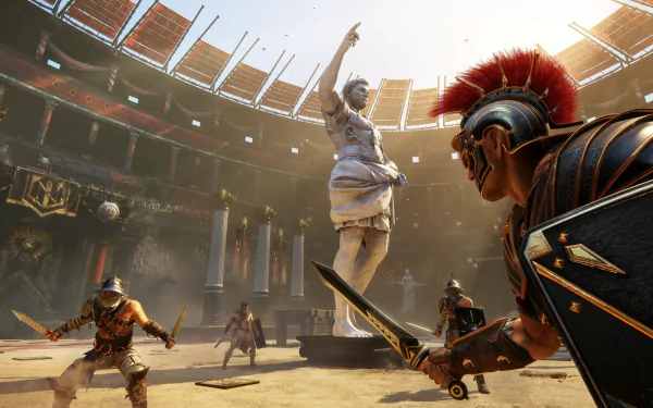 HD PC desktop wallpaper from the video game Ryse: Son of Rome, depicting gladiators battling in a sunlit Roman arena with a statue at the center.