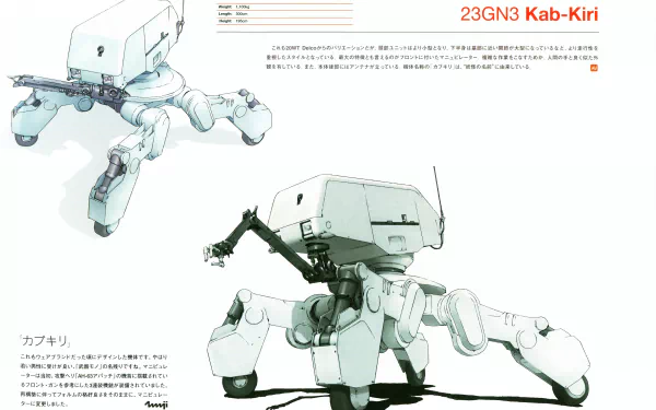 4K Ultra HD PC desktop wallpaper: sci‑fi quadrupedal robot walker '23GN3 Kab-Kiri' in white technical sketch style, articulated legs and sensor turret on pale background.